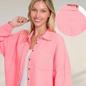 Oversized Raw Edge Shirt w/ Back Patch "DARK PINK"